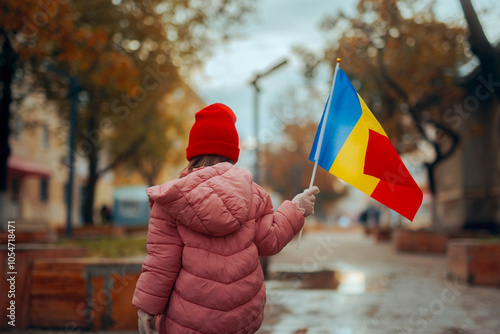 Child Holding a Flag Celebrating Great Union Day in Romania. Romanian girl celebrating the national day on December 1st
 photo