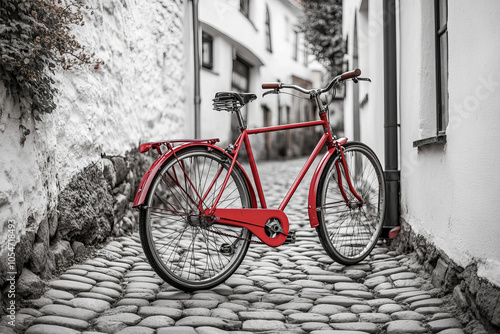 Red Vintage Bicycle on a Cobblestone Street in a Charming European Old Town