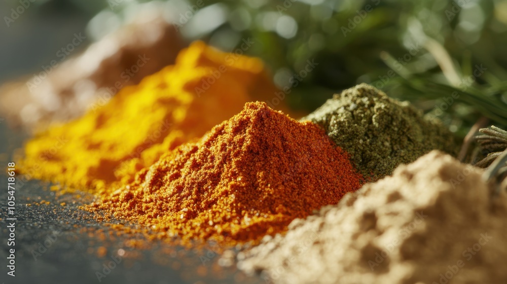Detailed macro shot of Thai herbs with powdered extracts arranged separately Detailed macro shot of Thai herbs with powdered extracts arranged separately