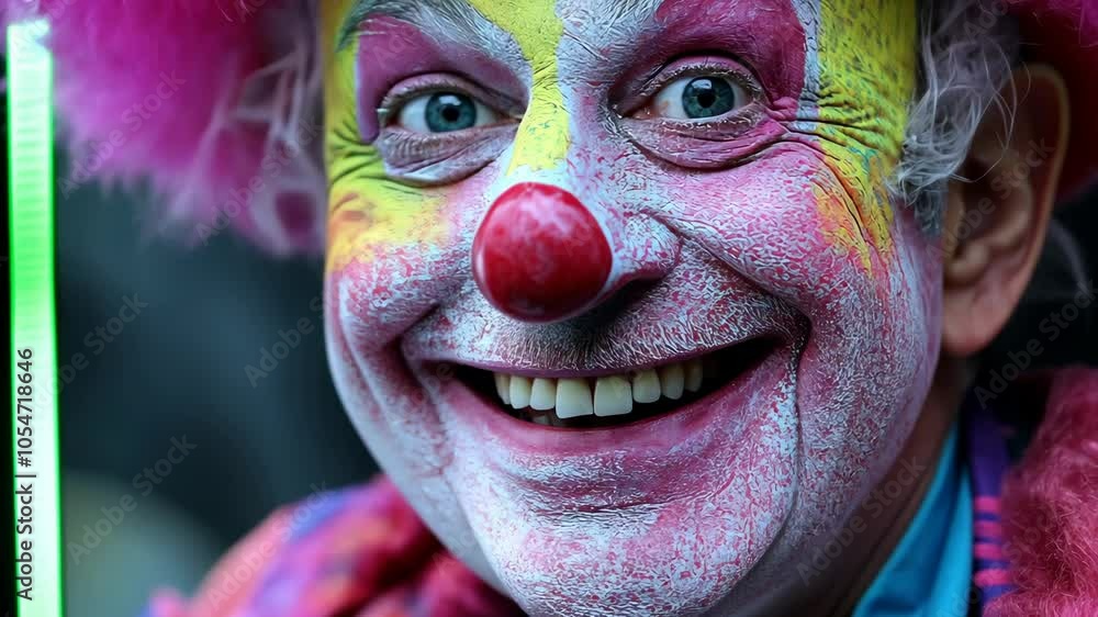 A clown smiles with a big, toothy grin, wearing colorful makeup and a pink wig A clown smiles with a big, toothy grin, wearing colorful makeup and a pink wig