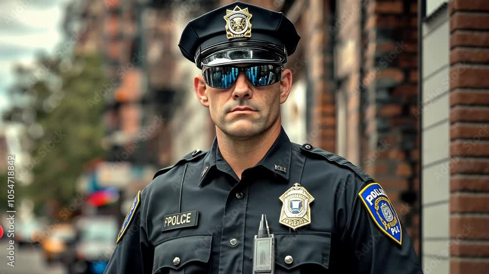 A police officer stands in front of a brick building, wearing a black uniform and sunglasses A police officer stands in front of a brick building, wearing a black uniform and sunglasses
