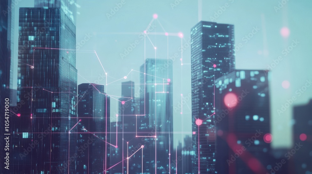 Digital overlay of lines and dots on a city skyline, symbolizing AI's impact on modern architecture Digital overlay of lines and dots on a city skyline, symbolizing AI's impact on modern architecture
