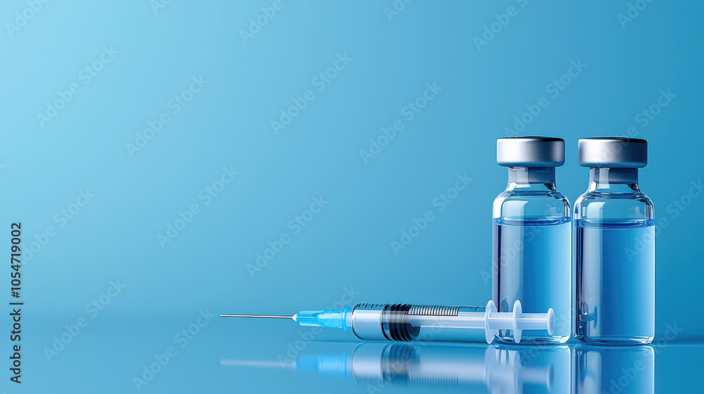 Two vials and syringe on reflective blue surface, symbolizing medical treatment and vaccination. image conveys sense of healthcare and scientific advancement Two vials and syringe on reflective blue surface, symbolizing medical treatment and vaccination. image conveys sense of healthcare and scientific advancement