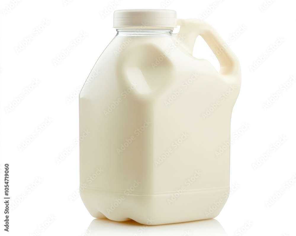 A white plastic jug of milk with a white cap, isolated on white background. A white plastic jug of milk with a white cap, isolated on white background.