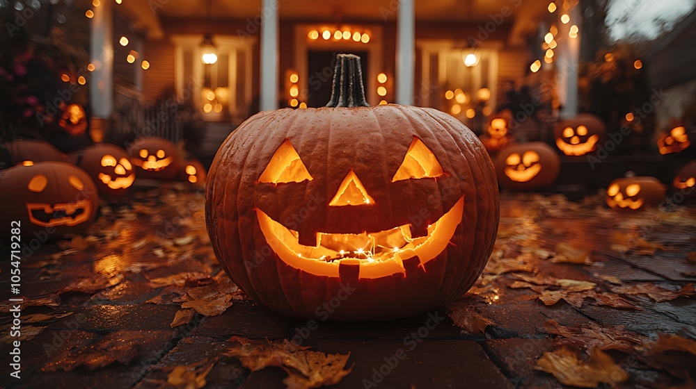 A lit jack-o-lantern sits in the front yard of a house decorated for Halloween. A lit jack-o-lantern sits in the front yard of a house decorated for Halloween.