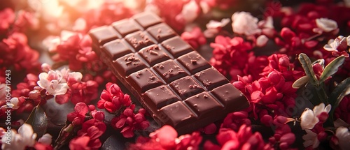 Delicate and Romantic Overhead View of a Chocolate Bar with Soft Red and White Floral a Cozy and Intimate Ambiance