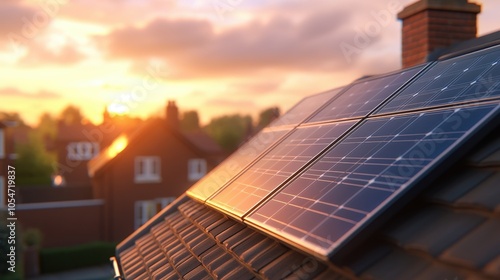 Solar panels on the roof of a residential urban area at sunset
