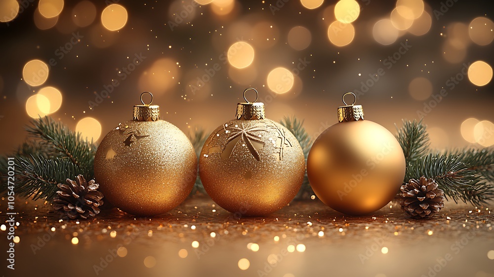 Golden Christmas Ornaments with Festive Lights and Bokeh Background. Golden Christmas Ornaments with Festive Lights and Bokeh Background.