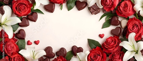 Exquisite watercolor painting of a lush bouquet of red roses and white lilies artfully framing decadent gourmet chocolate pieces in the shape of hearts creating a soft