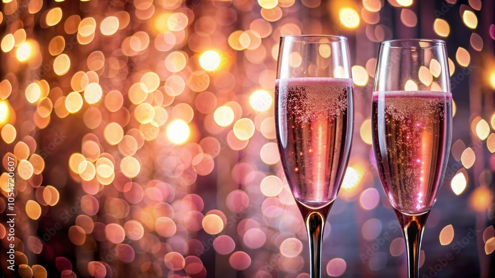 Close up of pink rose champagne glasses against bokeh lights background, pink, rose, champagne, glasses, close up Close up of pink rose champagne glasses against bokeh lights background, pink, rose, champagne, glasses, close up