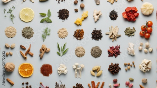 Herbs and spices laid out in circular patterns on a light gray background, emphasizing their