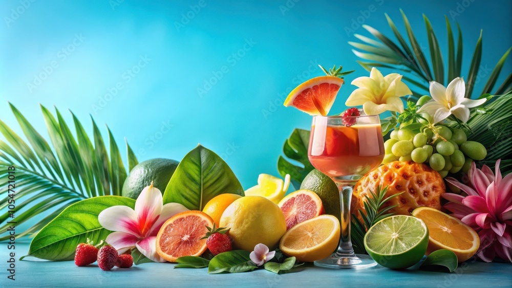 Tropical-themed cocktail party invitation featuring a glass with assorted fruit, green leaves Tropical-themed cocktail party invitation featuring a glass with assorted fruit, green leaves