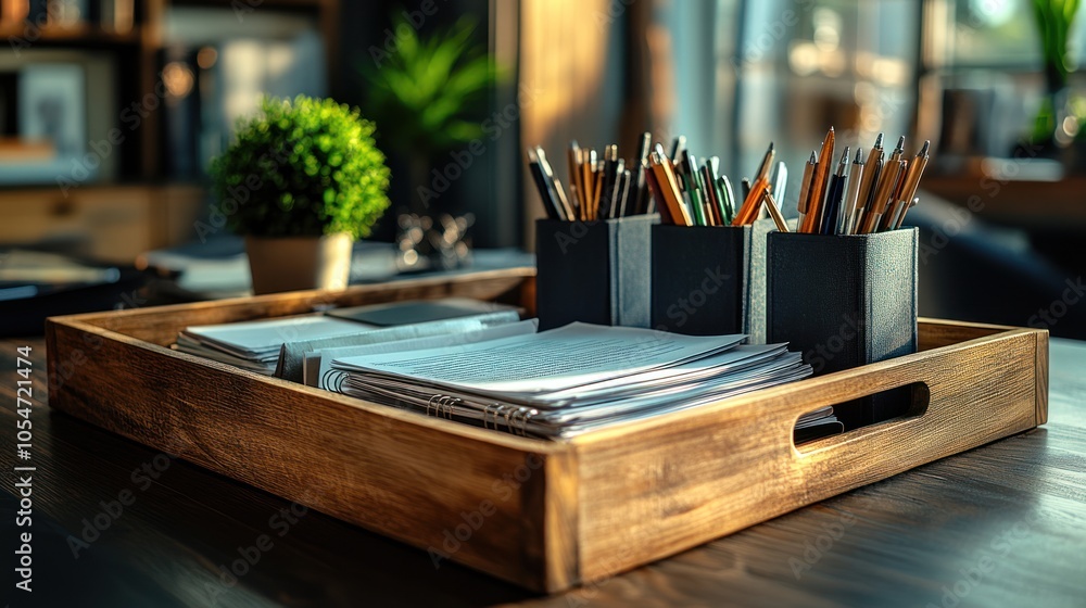A wooden tray holding papers and stationery on a desk. A wooden tray holding papers and stationery on a desk.