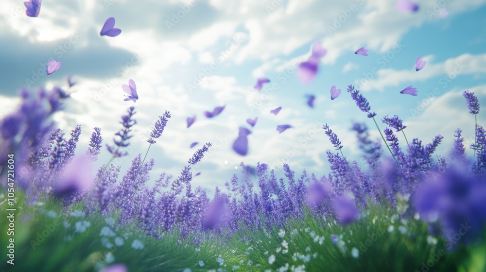 Naklejka premium Lavender petals drifting through the air in a tranquil spring meadow