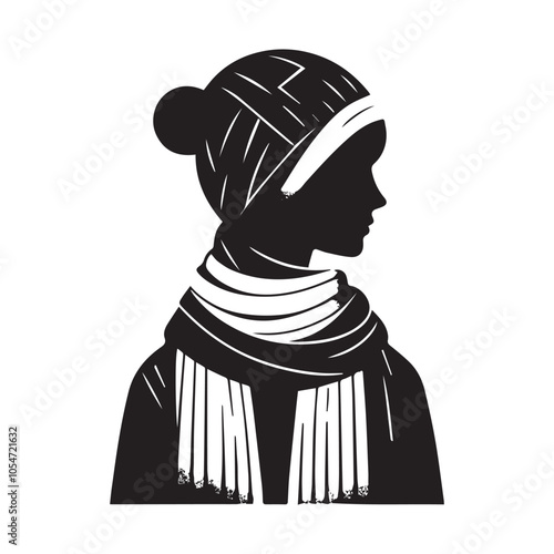 Young girl wearing warm scarf silhouette. Black and white scarf vector