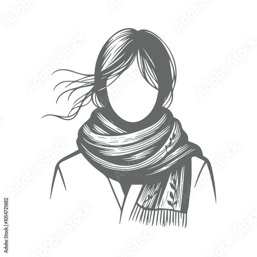 Young girl wearing warm scarf silhouette. Black and white scarf vector