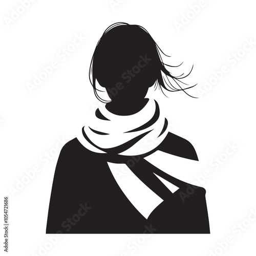 Young girl wearing warm scarf silhouette. Black and white scarf vector