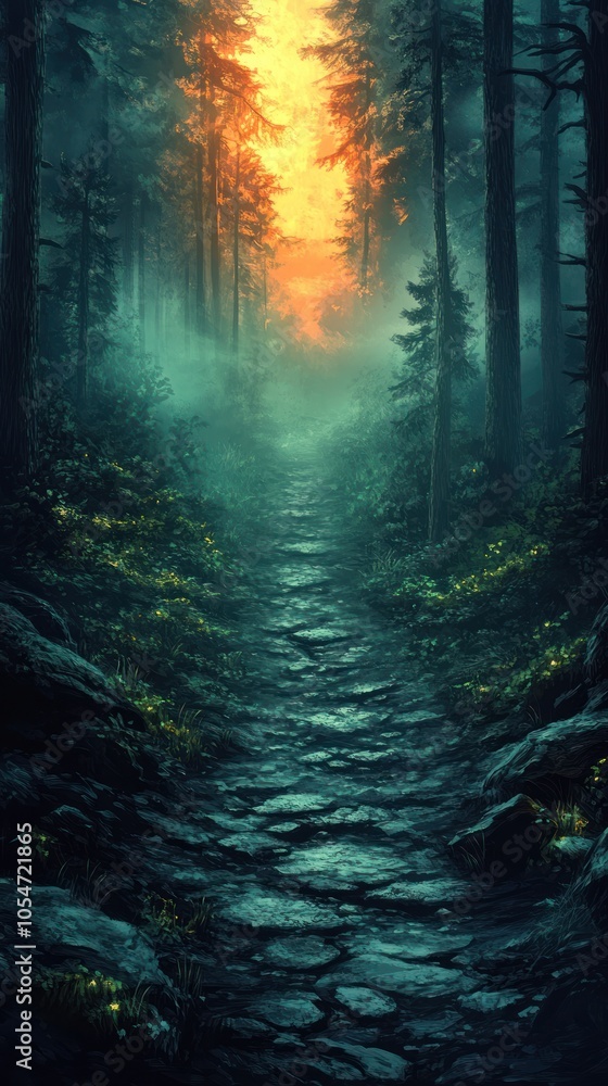 Naklejka premium Stone Path Through a Foggy, Sunlit Forest