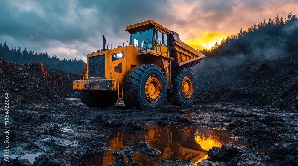 Heavy-duty dump truck in a rugged landscape at sunset. Heavy-duty dump truck in a rugged landscape at sunset.