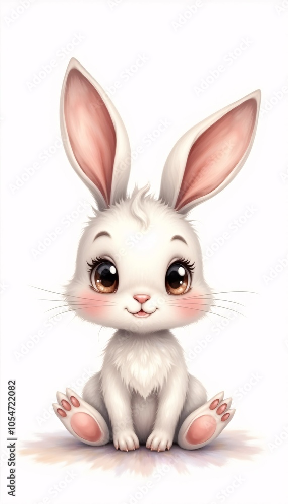 Fototapeta premium Adorable White Bunny with Pink Ears Sitting Sweetly