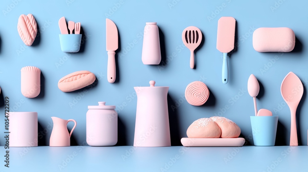 Pastel pink and blue kitchen utensils and food on a blue background. Pastel pink and blue kitchen utensils and food on a blue background.