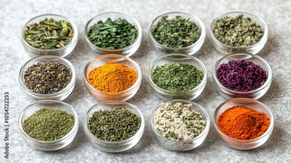 Macro shot of Thai medicinal herbs and their powdered forms displayed individually Macro shot of Thai medicinal herbs and their powdered forms displayed individually