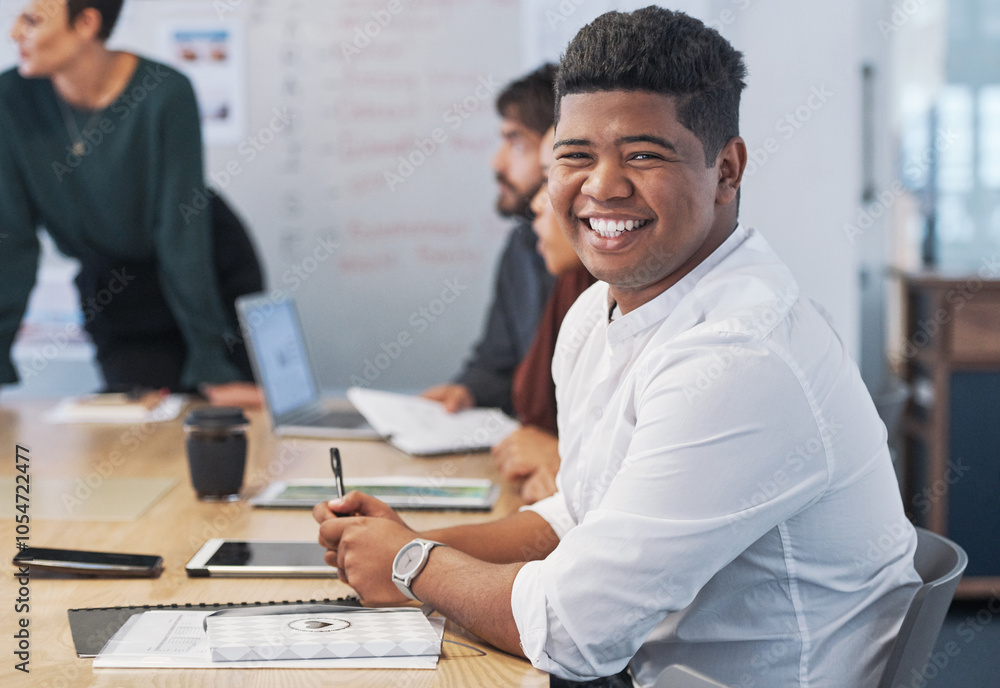 Fototapeta premium Man, smile and portrait at meeting in office with paperwork, colleagues and excited for job at company. Person, group and team in boardroom for negotiation, review and proposal at creative agency