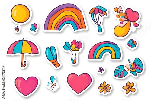 Happy Pride LGBTQ element set. LGBTQ community symbols with star, speech bubbles, flower, heart. Elements illustrated for pride month, bisexual, transgender, gender equality, sticker, rights concept.