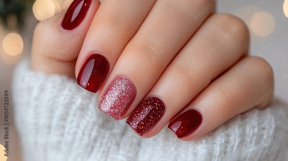 Close-up of a festive red manicure with glitter accent nails, perfect for holiday celebrations and seasonal beauty inspiration Close-up of a festive red manicure with glitter accent nails, perfect for holiday celebrations and seasonal beauty inspiration