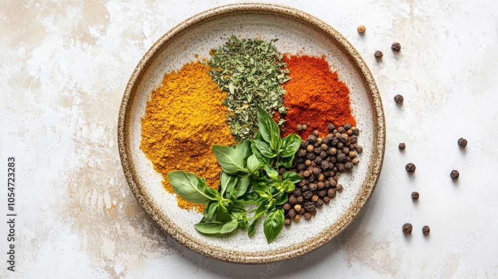 Overhead shot of mixed spices and fresh herbs on a ceramic plate, placed on a neutral-toned Overhead shot of mixed spices and fresh herbs on a ceramic plate, placed on a neutral-toned
