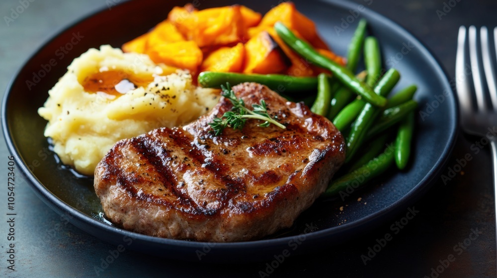 Pan-fried veal cutlets with mashed potatoes and a side of roasted sweet potatoes and green Pan-fried veal cutlets with mashed potatoes and a side of roasted sweet potatoes and green