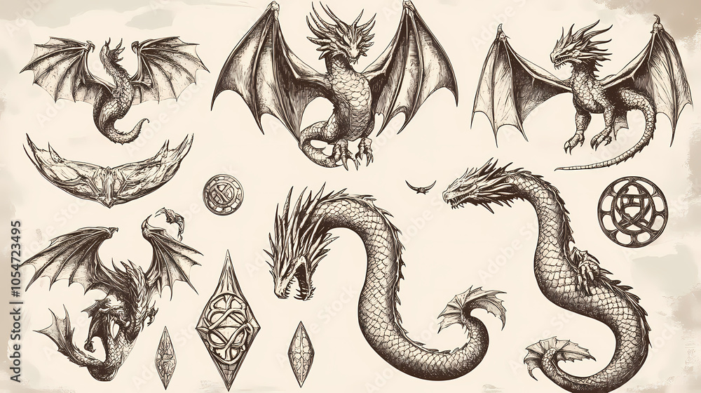 Fototapeta premium A set of hand drawn vintage illustrations of mythical creatures and other symbols. Celtic Dragon. Illustration