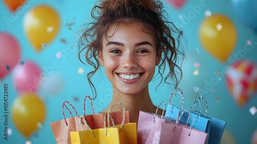 A single person beaming with delight while carrying multiple shopping bags representing the joy and freedom of finding great deals and discounts during a shopping excursion photo