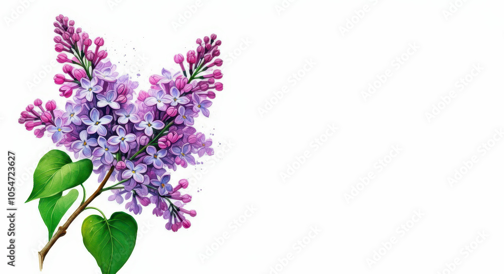 Watercolor lilac flowers branch Illustration. Painted purple spring botanical art Isolated background. Floral clipart