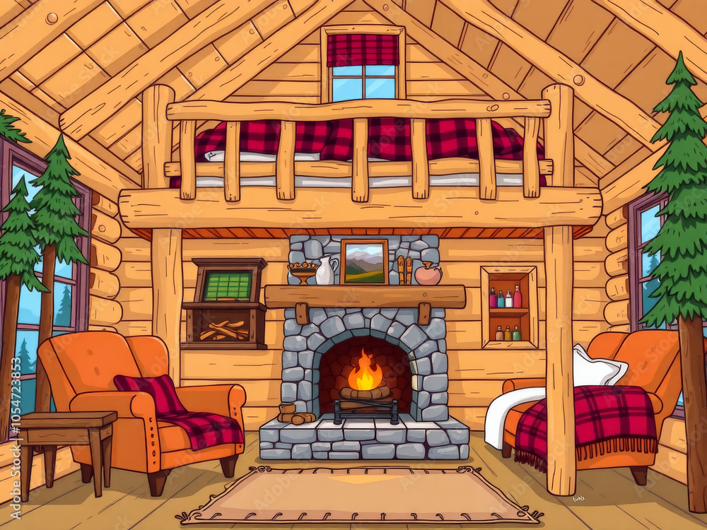 A cozy cabin with a fireplace and a bed. The room is decorated with wooden furniture and has a rustic feel