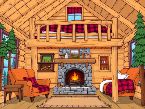 A cozy cabin with a fireplace and a bed. The room is decorated with wooden furniture and has a rustic feel