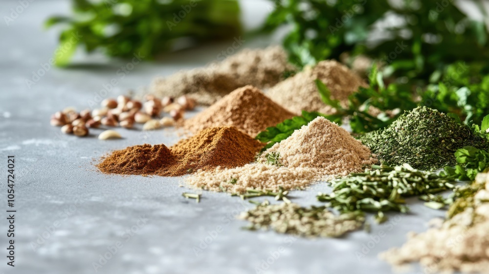 Photorealistic close-up of various Thai herbs and their powdered versions on a clear backdrop, Photorealistic close-up of various Thai herbs and their powdered versions on a clear backdrop,