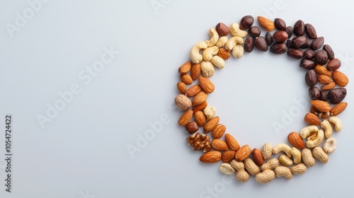 A creative arrangement of various nuts and seeds on a neutral background, showcasing their textures and colors. Perfect for healthy lifestyle imagery.