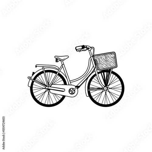 mini bike with front basket side view black and white vector line art photo