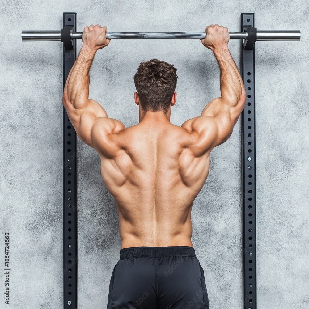 A muscular individual performing a pull-up exercise on a gym bar. A muscular individual performing a pull-up exercise on a gym bar.
