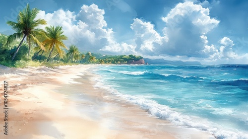 Wallpaper Mural Watercolor painting of a serene tropical beach, with palm trees swaying in the breeze and soft pastel colors blending into the horizon. Torontodigital.ca