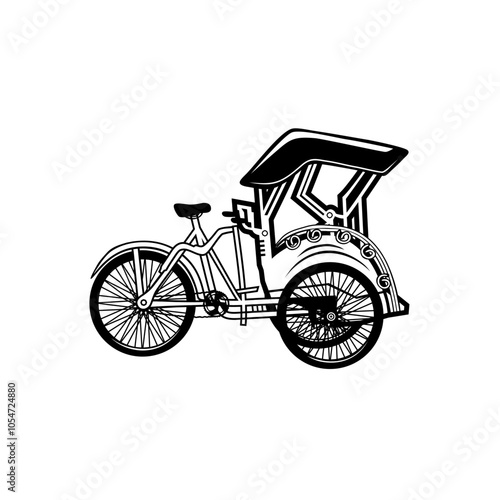 rickshaw traditional vehicle side view black and white vector line art