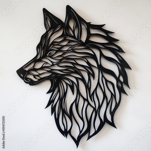 Die-cut design of a wolf head with intricate lines isolated on a white background. photo