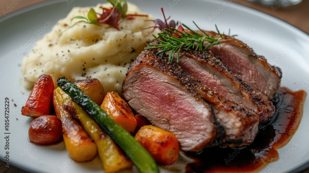Sliced duck breast served with truffle mashed potatoes and a mix of roasted seasonal Sliced duck breast served with truffle mashed potatoes and a mix of roasted seasonal