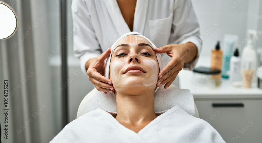 Woman Enjoying a Facial Treatment in spay, closed eyes Woman Enjoying a Facial Treatment in spay, closed eyes