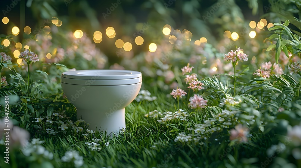 Surreal and serene image of a white toilet bowl standing gracefully on lush green grass surrounded by dreamy bokeh lights Surreal and serene image of a white toilet bowl standing gracefully on lush green grass surrounded by dreamy bokeh lights