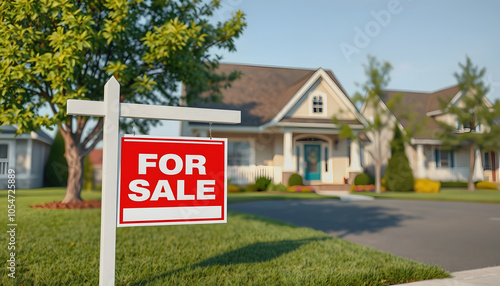 Real estate sign in front of a house for sale in a nice suburban neighborhood. Digital 3D render isolated with white shades, png