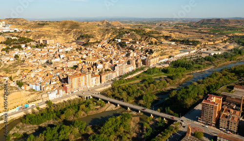 Bird's eye view of Spanish town Fraga. Cinca River visible from above. photo