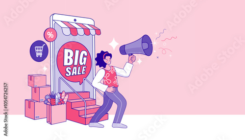 woman with megaphone, promote big sale , shopping concept.