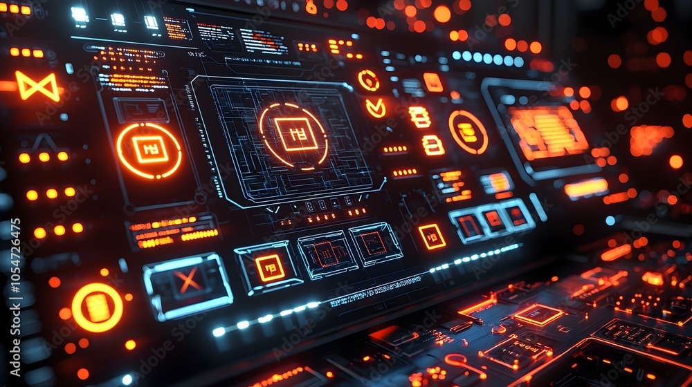 Obraz premium Sleek and Modern High Tech Control Panel Featuring Encrypted Network Symbols Floating in a Neon Lit Background Showcasing a Futuristic Digital Interface for Data and Information Processing
